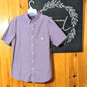 Chaps Short Sleeve Button Down Shirt Purple Checked Plaid Men's Easy Care Med